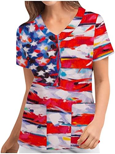 Scrubs_tops за жени Американски знаме печати маица гроздобер кратки ракави Ден на независност на патриотски врвови