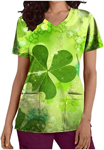 Денот на Свети Патрик, женски симпатична зелена печатење V-вратот SCRUB_TOP кошули со кратки ракави Туника блуза