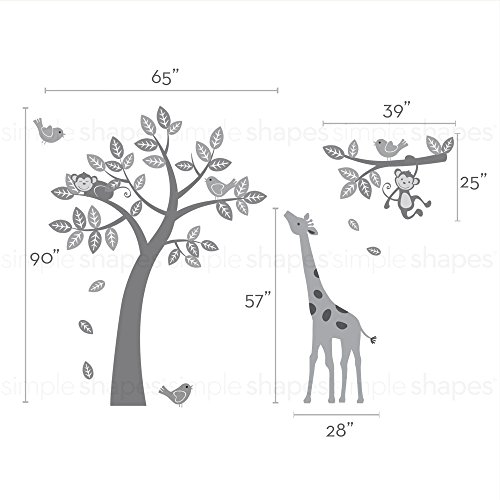 Дрво со Мајмуни Жирафа И Птици Ѕид Налепници - Шема а-Со Едноставни форми ®