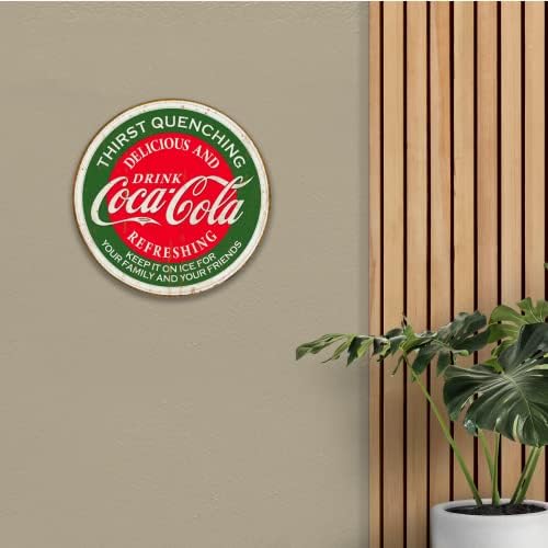 Очајни претпријатија пијат кока -кола жед со калење на тркалезен алуминиумски знак со врежан раб - носталгичен гроздобер метален wallиден декор - направен во САД