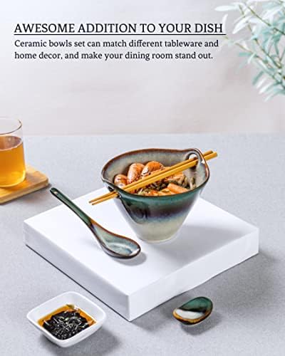 Хенксфен олово керамички јапонски раменски садови со глупак од 2 - чинии со длабоки супи со лажици, стапчиња за јадење и држач, 20 мл.