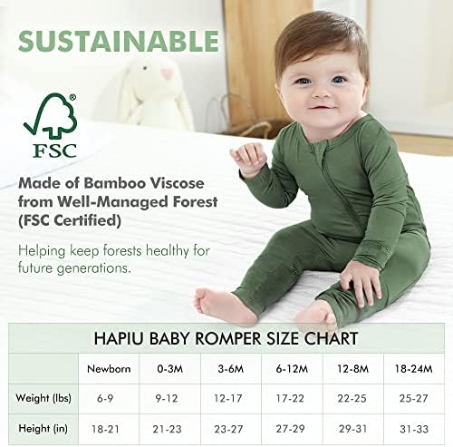 Hapiu unisex bamboo бебе ромери со манжетни, 2 way zipper ykk, скокање со пижами без нозе