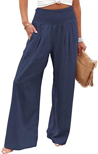 Женски памучни постелнини панталони еластични високи половини лабави широки нозе дневни јога панталони тунични панталони со џебови