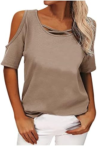 Плус маица со големина за жени ладно рамо на кратки ракави врвови на крцкање со тркалезна кошула летна лесна мода туника блуза