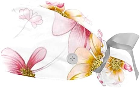 Mersov 2 пакувања Работно капаче со копче за жени со долга коса прилагодлива еластична завој вратоврска назад капи, буфан капачиња розов цвет