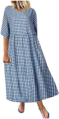 Пролетен породилен фустан, женски обичен литературен темперамент карирал фустан со кратки ракави на вратот со кратки ракави