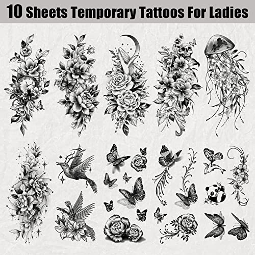 Церлаза Голем Црн Цвет Привремени Тетоважи За Жени, Лажни Тетоважи Со Пеперутки За Шминка За Возрасни За Девојчиња, Водоотпорни Долготрајни