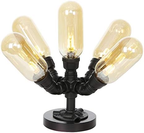 Guocc модерна ламба за цевки од железо во вода, дрвена база и стаклена сенка, LED 5 лесни метални ретро индустриски биро светло,