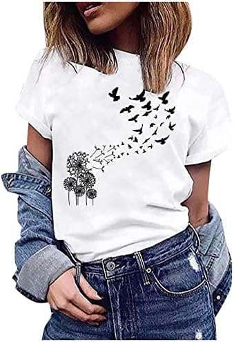 Обични врвови за жени, дама пердув печати кратки ракави блузи со екипаж, обични кошули пролетни маички пролетни маички