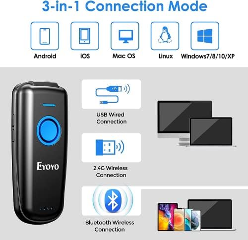 Bluetooth со код на Eyoyo QR Bluetooth, со копче за прилагодување на јачината на звукот и прекинувач за напојување, преносен скенер за 1D