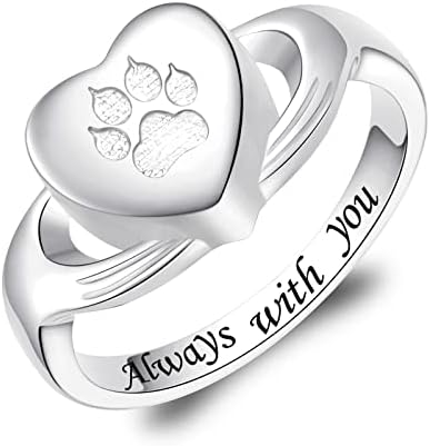 PAW PRINT PET HEART ERN RING FOR ASHES FOR WOMEN 925 Стерлинг сребро срце Спомен -обележје на накит Прегратка Кремација прстени