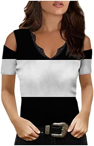 Женски модни обични лабави маички основни V врат маица со кратки ракави 2023 лето удобно печатено блуза