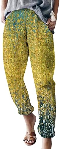 Лето капри панталони за жени жени панталони со џебови Обични памучни печати со високи половини, лабави долги права панталони