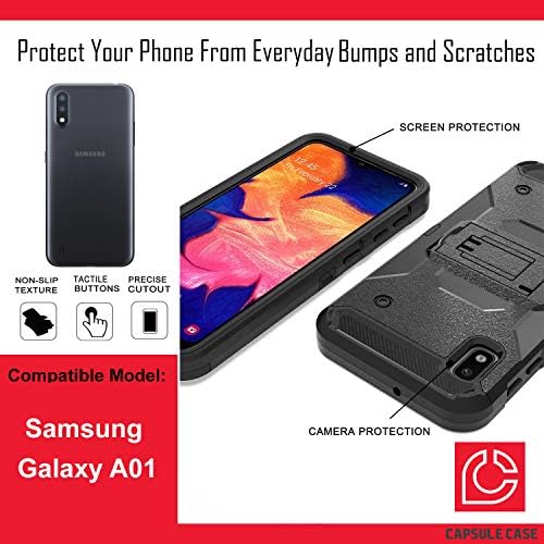 Охајо Случај Компатибилен Со Galaxy A01 [Хибриден Трансформатор Влијание Солиден Kickstand Црн Случај Покритие Со Ремен Клип Футрола] За Samsung