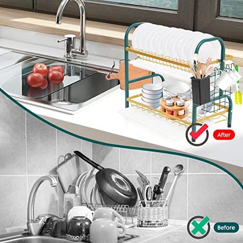 Forroby 2 нивоа за сушење на садови за кујна за кујнски плоча со одводнување, исцрпувачки чинија со голем капацитет за чинија за мал