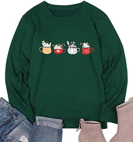 Kiddad Божиќна мачка џемпер жени симпатична Божиќно кафе графички пуловер врвот Божиќна чешма со долг ракав кошула