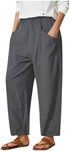 Женски широки ленени панталони мода обична цврста боја еластична лента џеб за слободно време панталони јога фустан