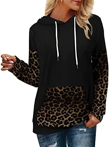 Дулкови за жени леопард отпечатоци џемпери со долги ракави, обичен пулвер, пад на облека, блуза со џеб