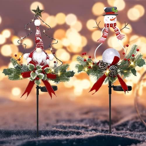 QMKGEC Надворешни Божиќни украси, Божиќни соларни светла 2 парчиња, Снежникот предводени светла пеперутки декор светло водоотпорна за дворот