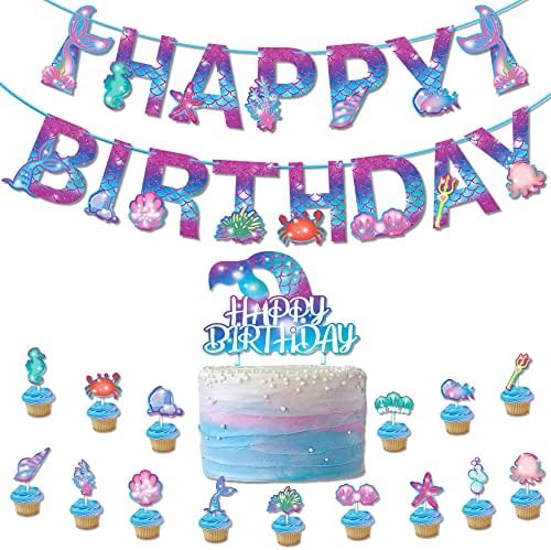 Среќен роденден Банер сирена сирена банер за торбички за кекс на кукавици, сирена роденденска забава, декорација на сирена банер