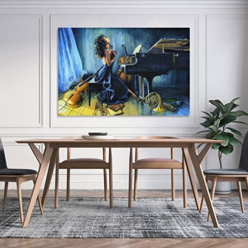 16x24inch карактер уметност сликарство девојче со пијано рачно изработено масло за сликање платно сина музика сликарство модерно