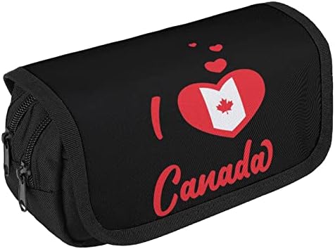 Ја сакам торбата со молив со знаме на Канада Канада, двојно слој Пенкало за канцелариски торбички за шминка за шминка, кутија за