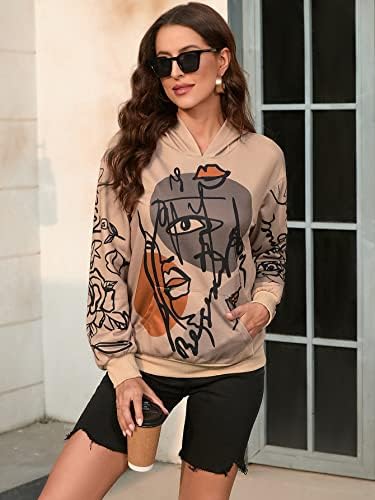 Graphенски женски фигура фигура графички печати џемпер со тркалезен врат со долги ракави, графити со графити со графити