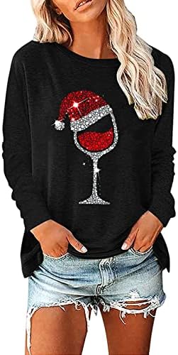 Женски џемпери за женски бебиња, се вклопуваат во Божиќни џемпери, случајно високо ниско ниво на пуплум, сјајно вино стакло графички
