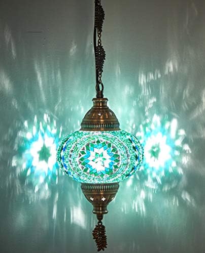Копербул Турски марокански Тифани стил Рачно изработен мозаик висечки тавански ламба, приврзок светлосница со метални ланци на лисја