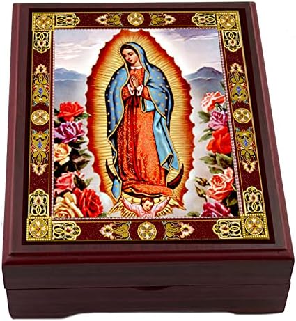 Розарија кутија Пресвета Бога на Гвадалупе Розарија Монистра кутија Дрвена икона кутија, 5 инчи, религиозен подарок за жена, нејзината