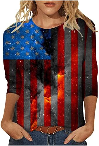 PimoxV жени 3Д американско знаме 4 -ти јули кошули Обичен ден на независноста 3/4 ракави Туника врвови потресени патриотски кошули