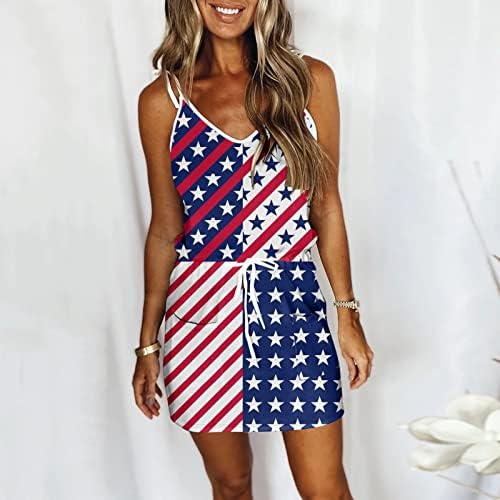 Hosенски женски женски 4 -ти јули Патриотски знаме фустан летни starsвезди ленти со џебови со џебови на американско знаме кратки мини фустани