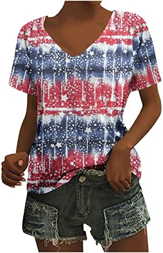 2023 Ден на независноста врвови за жени американско знаме Печатено краток ракав против вратот на 4 јули Патриотски маички со кошула пулвер