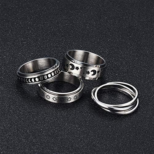 Лојалук 4 парчиња вртежи од не'рѓосувачки челик прстени за жени мажи Спинер фидер бенд кул прстени месечина starвезда Сонцето стрес