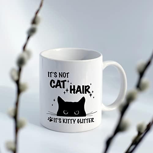 Дотаин смешно велејќи дека не е коса со мачки, тоа е писе сјај 11oz керамички чаша кафе, двојно печатена, смешна црна мачка миленичиња