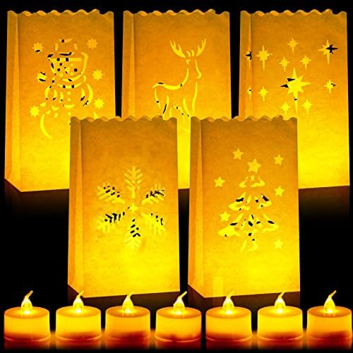 50 поставени Божиќни ламинарни кеси со 55 поставени лемни чајни светла отпорни на бела хартија луминарни кеси за свеќи за свеќи за лантери,