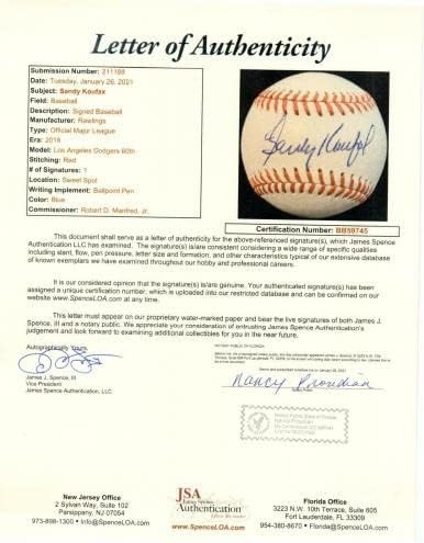 Сенди Куфакс Потпиша Автограм Бејзбол 60-Годишнина Доџерс ЈСА ББ59745-Бејзбол Со Автограм
