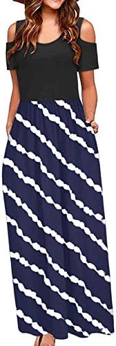 Засун макси фустани за жени обичен краток ракав маичка со долг фустан со џебови мода од рамо лабава фустан на плажа