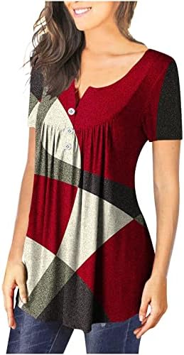 Дојамбо кратки ракави блузи за жени копче V вратот врвови модни бои блок маици лабави вклопени плетени кошули