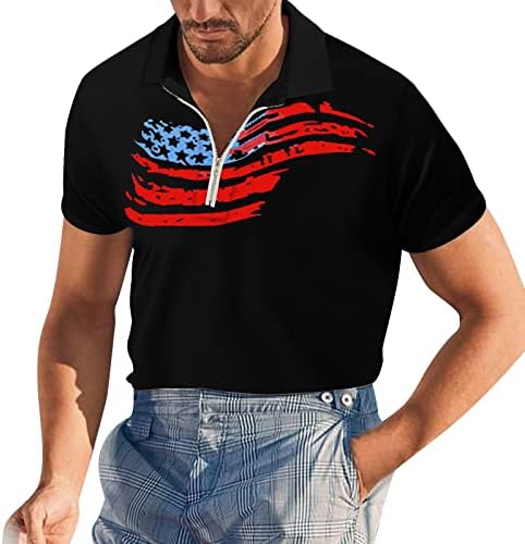 XXBR машки патриотски поло маици патент јака лето кратки ракави голф врвови на 4 -ти јули американско знаме Работа обична кошула