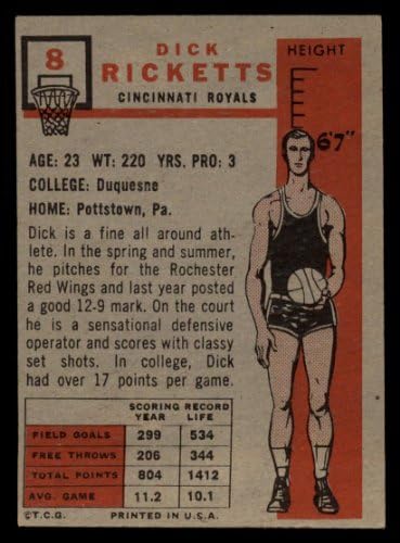 1957 година Топс редовна кошаркарска картичка8 Дик Рикетс од Синсинати Ројалс одделение добро