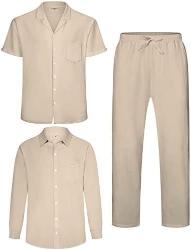Машка постелнина Јаогро поставува облеки: 3 парчиња копче на плажа надолу кошули Обични лабави панталони со кратки ракави за одење костуми