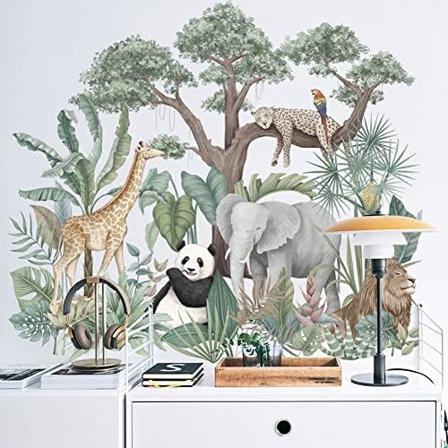 Поинак Тропски дождовни шуми растенија дрвја wallидови декорации слон лав жирафа леопард панда налепници на wallидови, деца деца бебиња домашна