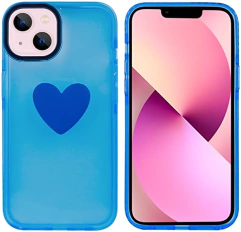 Zzlove Компатибилен со iPhone 13 Case, транспарентно сино срце во форма на срце TPU iPhone случај за маж и жени, заштитен случај на