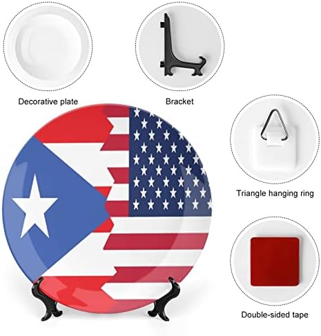 Порториканско Американско Знаме Гроздобер Дизајн Коска Кина Декор Плоча Со Штанд Круг Декоративна Плоча Дома Нишање-Плоча