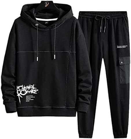 Плус големина црна худи -тренерска улична облека печатена хип -хоп пот, костуми за машко лабаво случајно парче сет