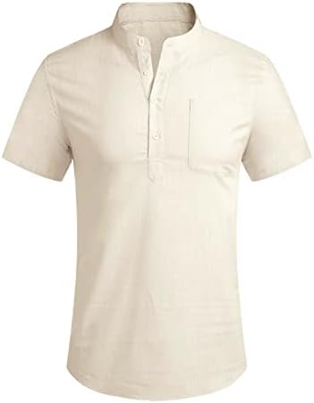 XXBR Машка памучна постелнина Хенли кошули со кратки ракави хипи необични летни маици со летен одмор на летен одмор со џеб