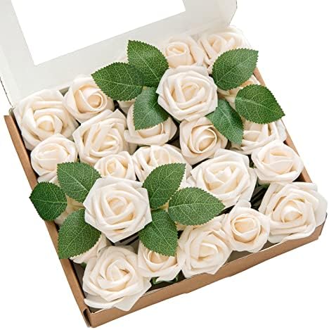Моментот на Линг вештачки свадбени цвеќиња 1,5 розови пупки и 2 ситни рози од 25 парчиња крем w/стебло за DIY свадба бутониер зглобот на