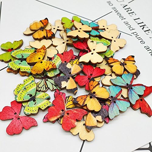 100 парчиња шарени 2 дупки мешано дрво од пеперутка за шиење за шиење на книги за занаетчиска облека за занаетчиска облека, 1 инч