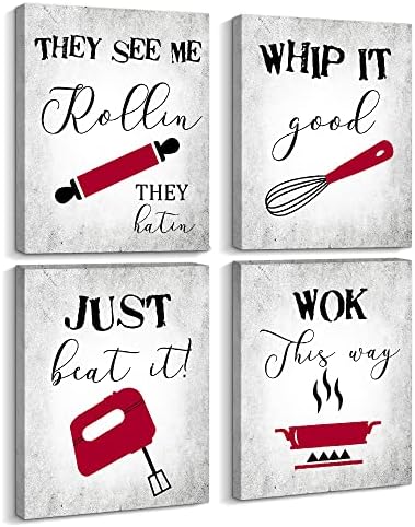 Create Kitchen Canvas Wallидна уметност, 4 парчиња смешни кујнски правила песни за украси за кујнски wallидови, гроздобер црвено платно